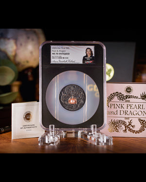 2024 Niue Divine Pearls Pink Pearl and Dragon $5 Silver Antiqued Coin | NGC Antiqued MS70 | Anna Cabral Autographed