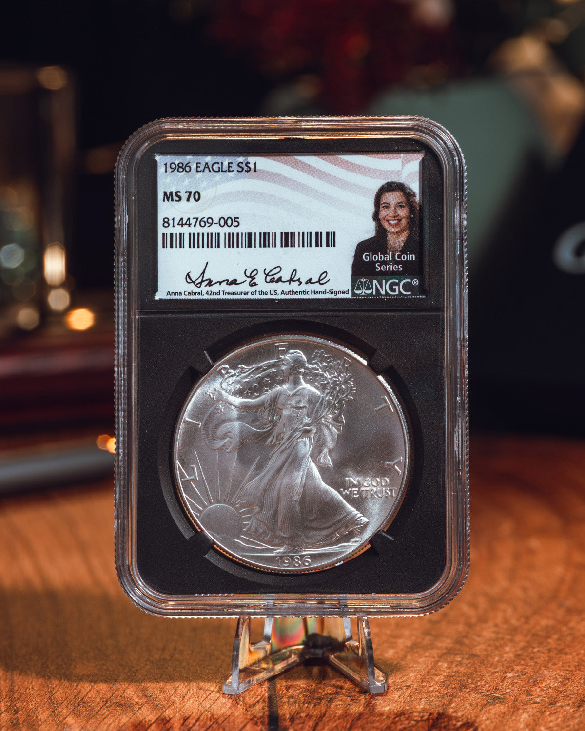 1986 "S" Silver Eagle | NGC MS70 "Global Coin Series" | Anna Cabral Autographed