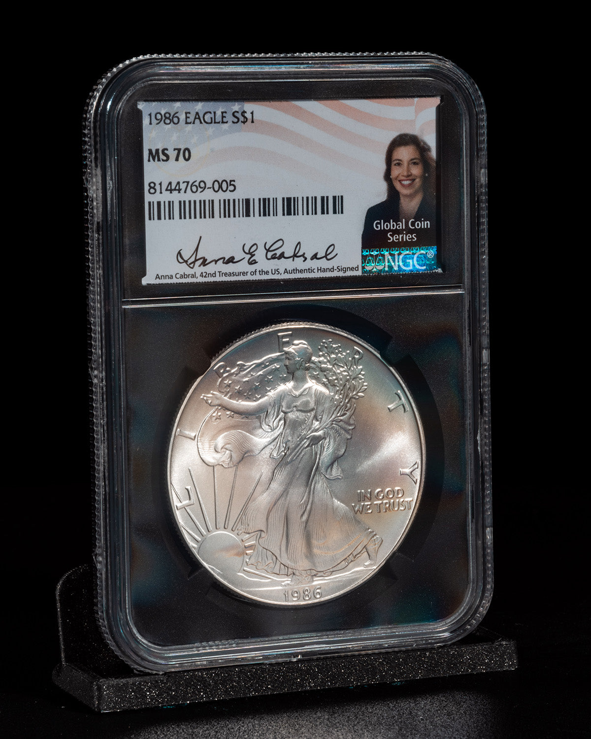1986 "S" Silver Eagle | NGC MS70 "Global Coin Series" | Anna Cabral Autographed