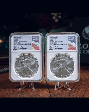 2021 Silver Eagle Set | S$1 Heraldic Eagle T-1 and Eagle Landing T-2 MS70 From US Mint Sealed Box | Thomas J. Uram Autographed
