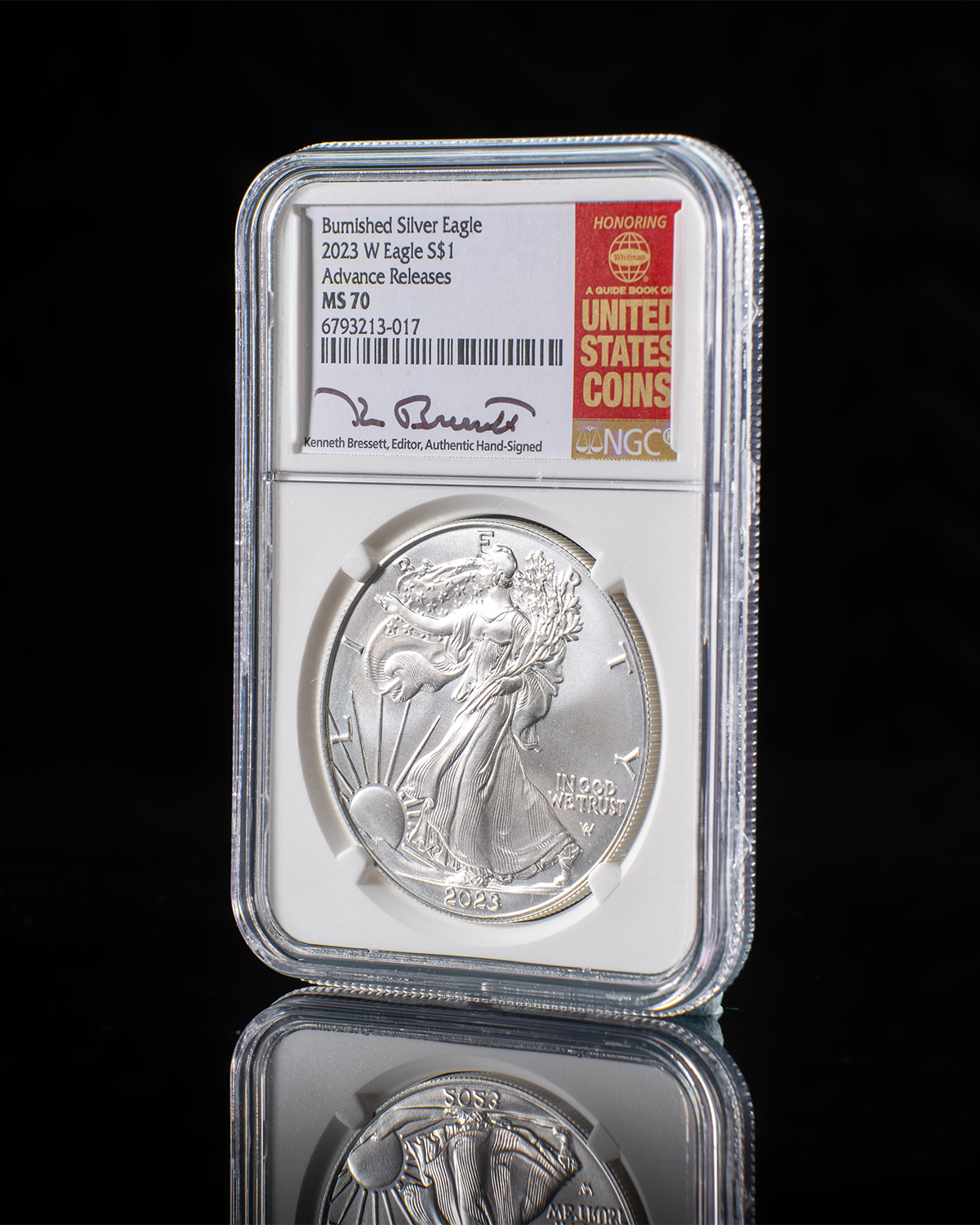 2023 Burnished Silver Eagle | Advanced Release SP70 NGC | Kenneth Bressett Autographed