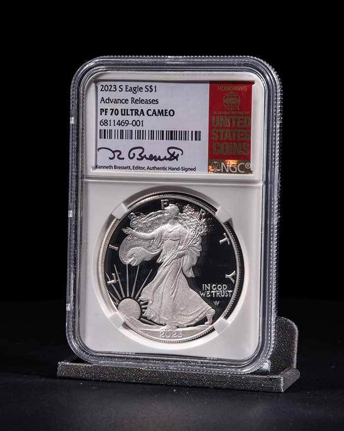 2023 "S" Silver Eagle | Advanced Releases NGC PR70 Ultra Cameo | Kenneth Bressett Autographed