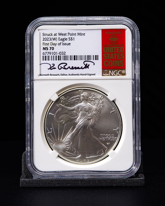 2023 $1 W Silver Eagle | First day of Issue MS70 NGC | Kenneth Bressett  Autographed