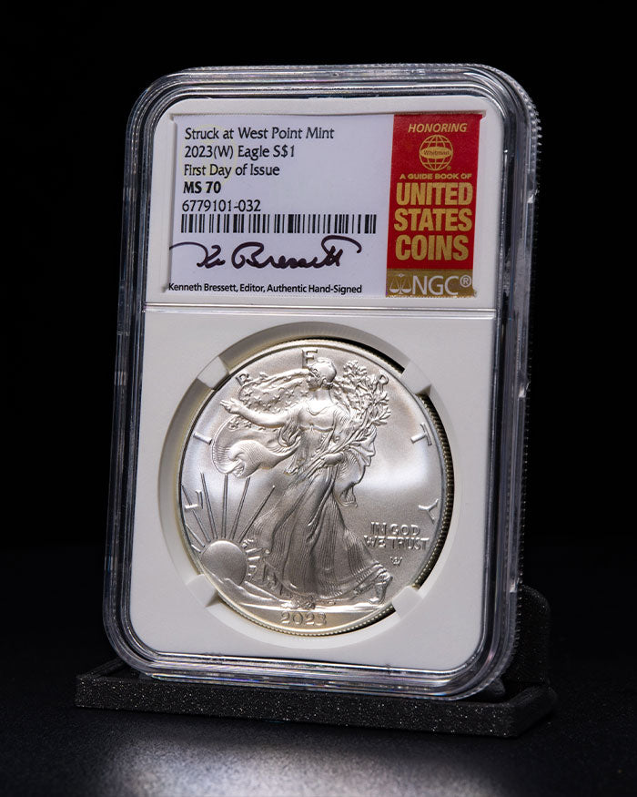 2023 $1 W Silver Eagle | First day of Issue MS70 NGC | Kenneth Bressett  Autographed