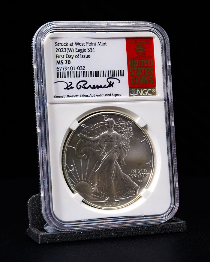 2023 $1 W Silver Eagle | First day of Issue MS70 NGC | Kenneth Bressett  Autographed