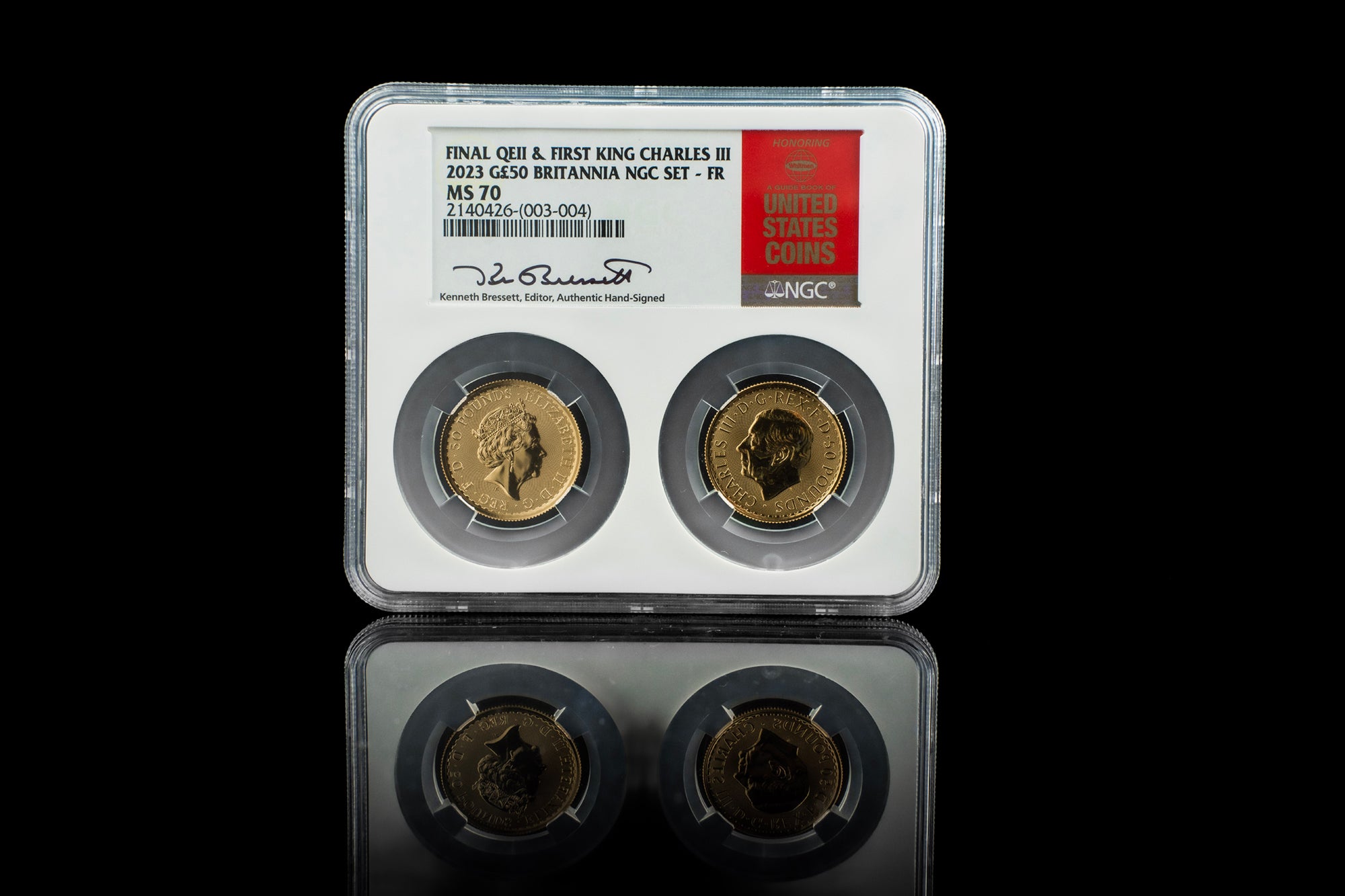 2023 2pc Gold Final QEII / First King Charles III | First Release MS70 NGC | Kenneth Bressett Autographed
