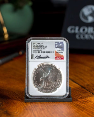 2023 S$1 Eagle | First Day of Issue Mint Error MS69 Reverse Struck Thru | Michael Gaudioso Autographed