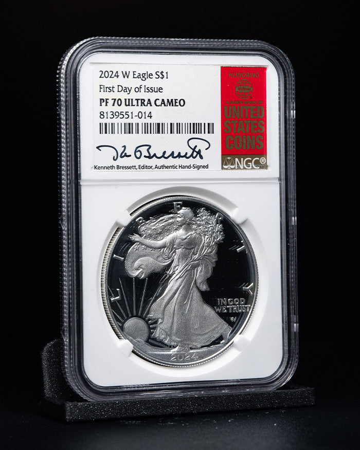 2024 W $1 Silver Eagle | First Day of Issue NGC PR70 Ultra Cameo | Kenneth  Bressett Autographed