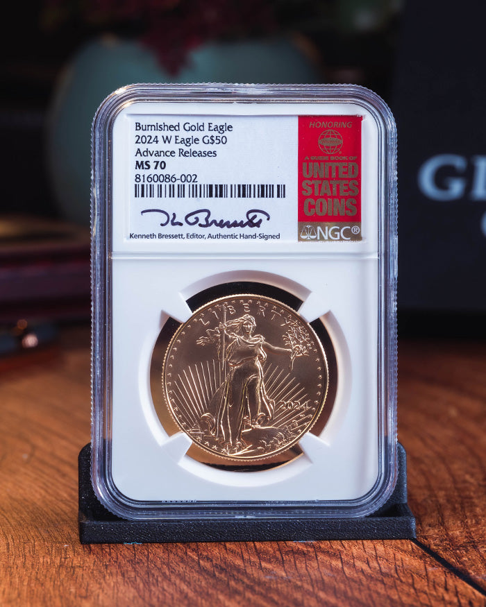 2024 W Burnished Gold Eagle | Advance Releases MS70 | Kenneth Bressett Autographed