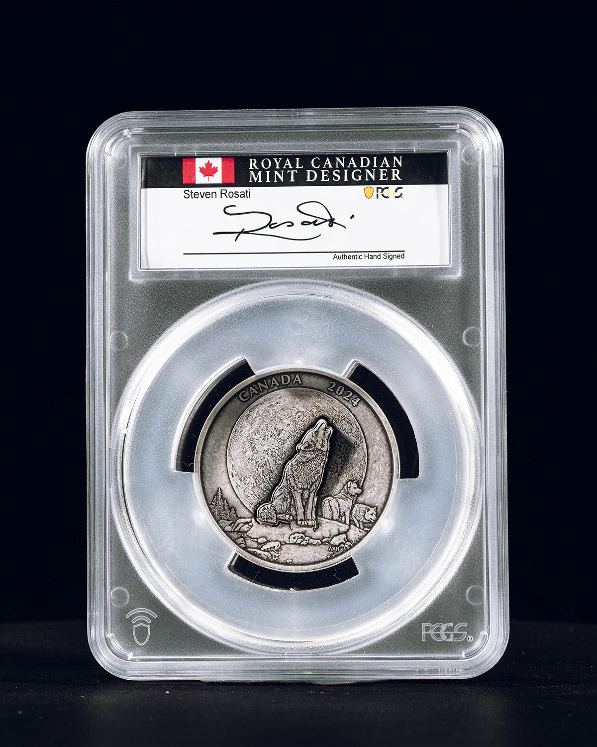 2024 $30 Canada The Howling Wolf 2oz Antique Finish | First Day of Issue PCGS SP70 | Steven Rosati Autographed