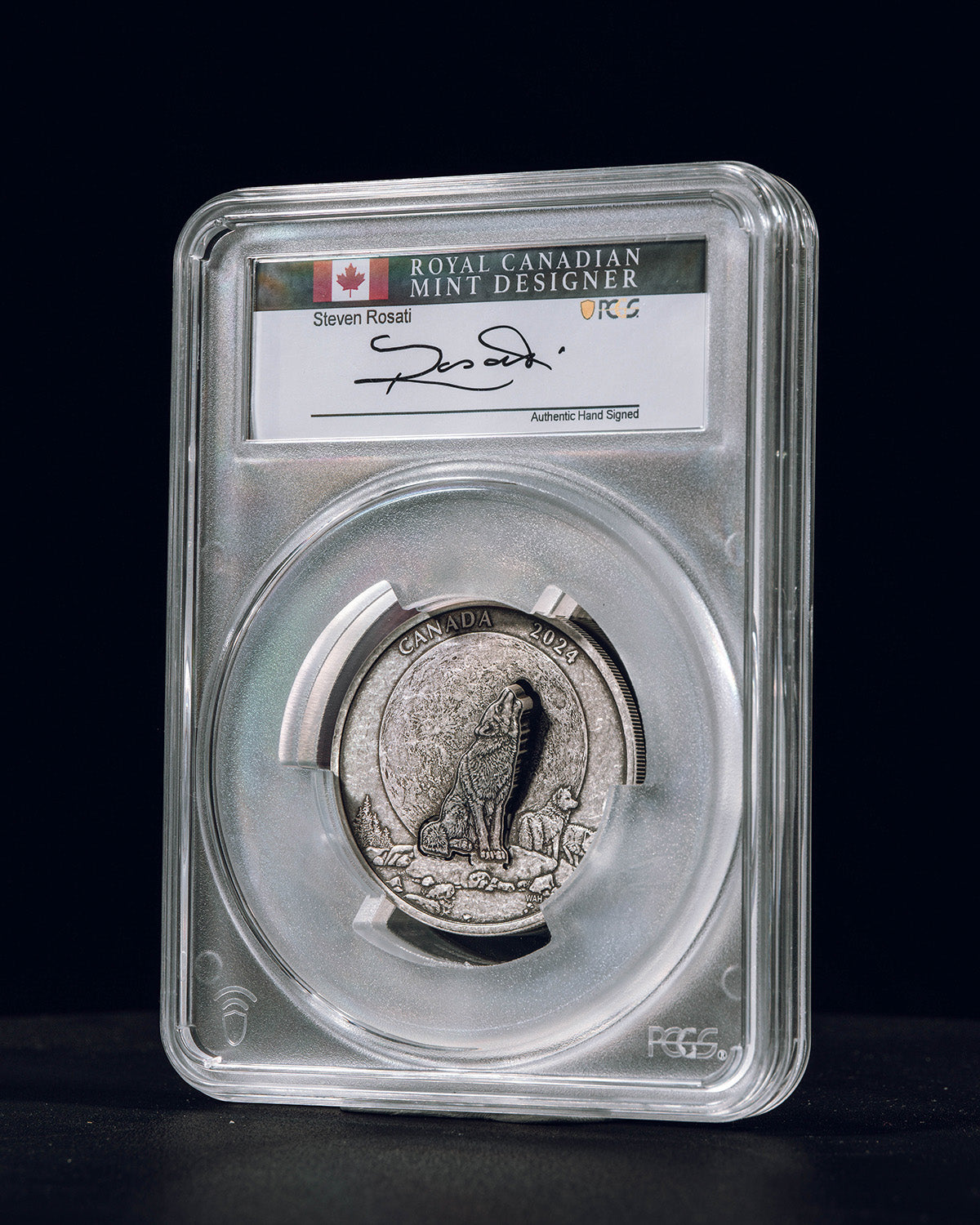 2024 $30 Canada The Howling Wolf 2oz Antique Finish | First Day of Issue PCGS SP70 | Steven Rosati Autographed