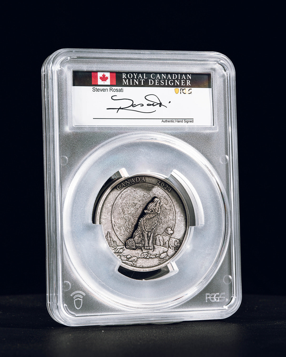 2024 $30 Canada The Howling Wolf 2oz Antique Finish | First Day of Issue PCGS SP70 | Steven Rosati Autographed