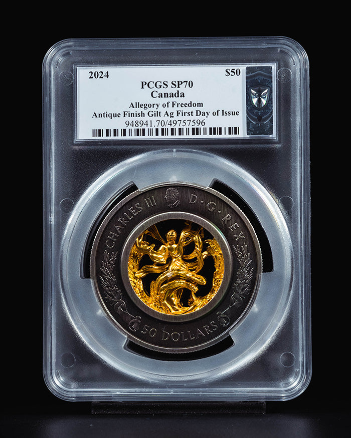 2024 $50 Gold Canada Allegory of Freedom | Antique Finish Gilt First Day of Issue | Steven Rosati Autographed