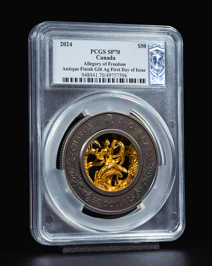 2024 $50 Gold Canada Allegory of Freedom | Antique Finish Gilt First Day of Issue | Steven Rosati Autographed