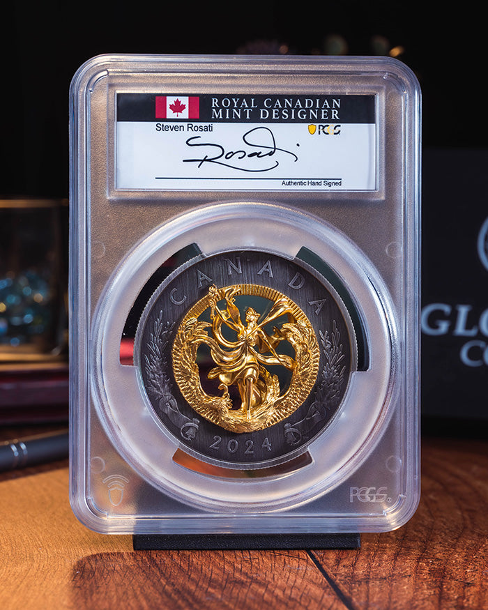 2024 $50 Gold Canada Allegory of Freedom | Antique Finish Gilt First Day of Issue | Steven Rosati Autographed