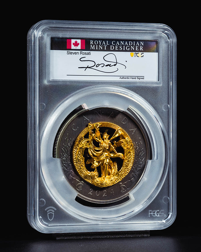 2024 $50 Gold Canada Allegory of Freedom | Antique Finish Gilt First Day of Issue | Steven Rosati Autographed