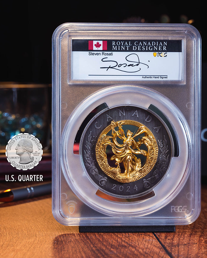 2024 $50 Gold Canada Allegory of Freedom | Antique Finish Gilt First Day of Issue | Steven Rosati Autographed