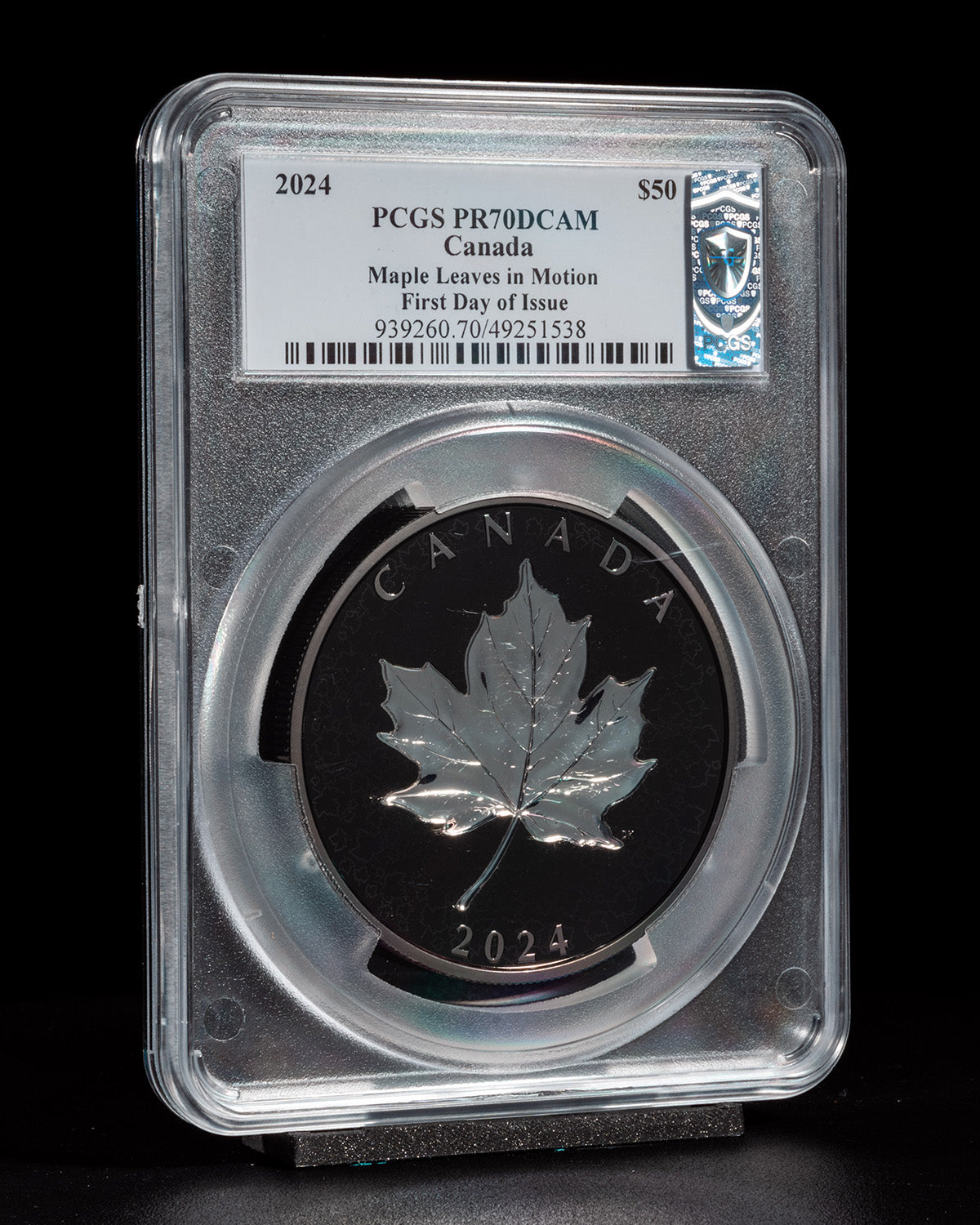 2024 5 oz $50 Canada Maple Leaves in Motion | First Day of Issue PCGS PR70 Deep Cameo | Susanna Blunt Autographed