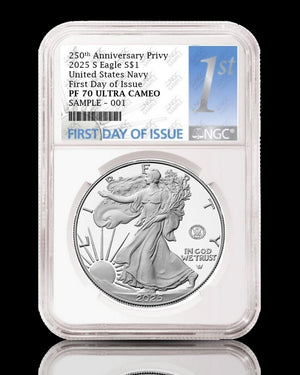 2025 "250th Anniversary Privy" Silver Eagle United States Navy | First Day of Issue PF70 Ultra Cameo