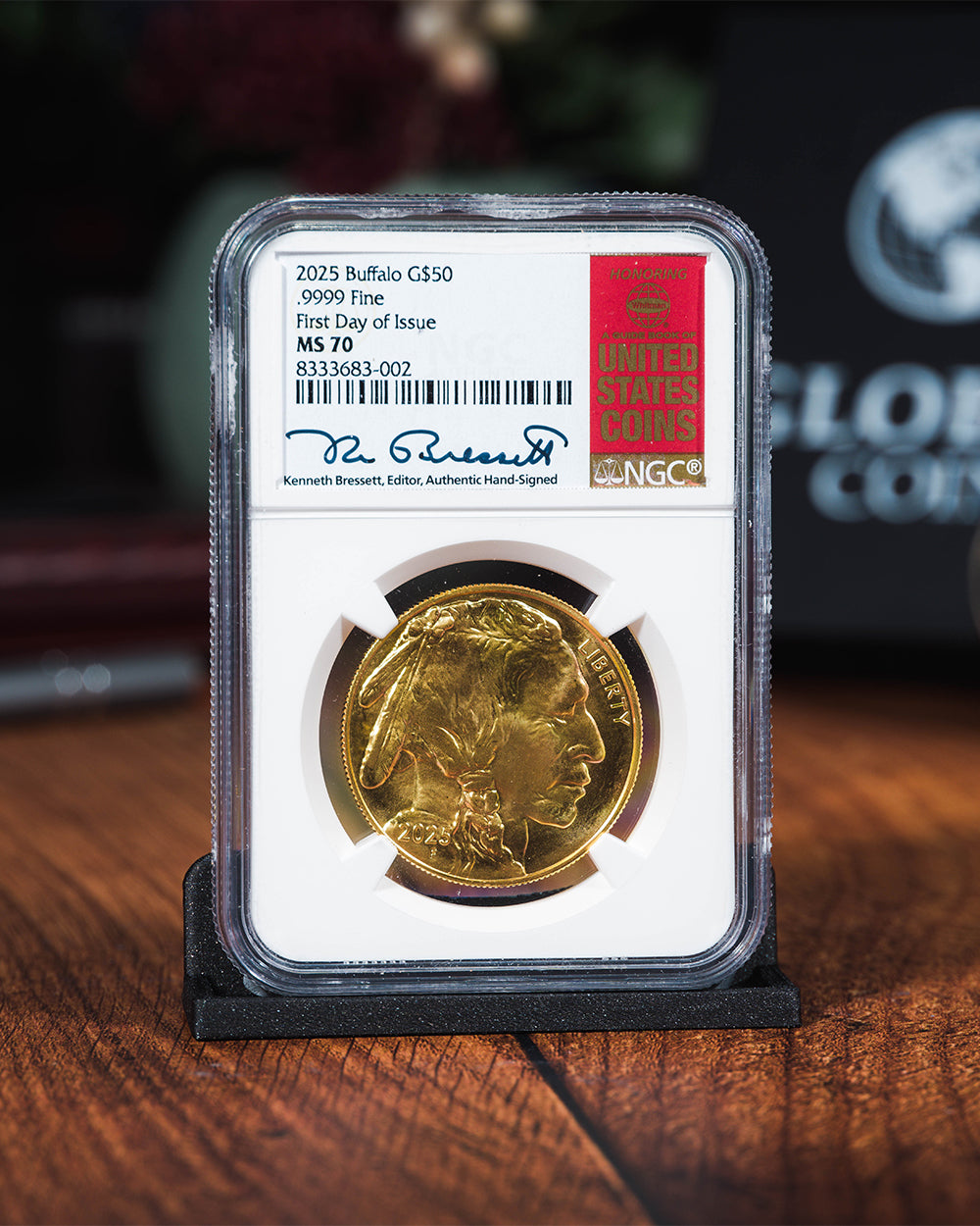 2025 1 oz $50 Gold Buffalo | First Day of Issue NGC MS70 | Kenneth Bressett Autographed