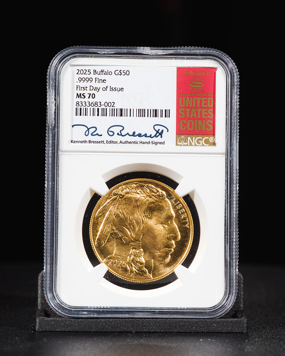 2025 1 oz $50 Gold Buffalo | First Day of Issue NGC MS70 | Kenneth Bressett Autographed