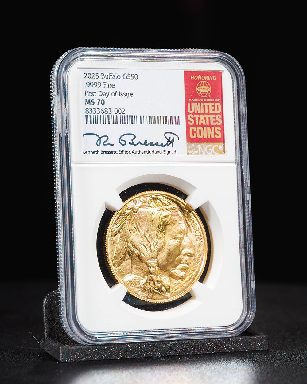 2025 1 oz $50 Gold Buffalo | First Day of Issue NGC MS70 | Kenneth Bressett Autographed