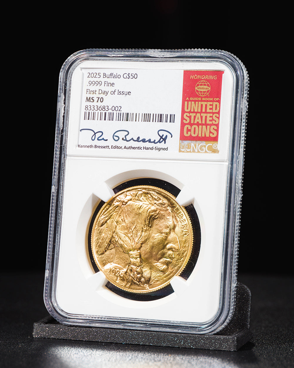 2025 1 oz $50 Gold Buffalo | First Day of Issue NGC MS70 | Kenneth Bressett Autographed