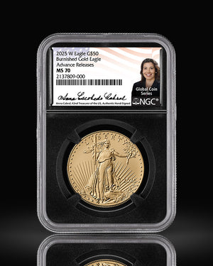 2025 W $50 Burnished Gold Eagle | NGC  MS70 Advanced Release | Anna Cabral Autographed
