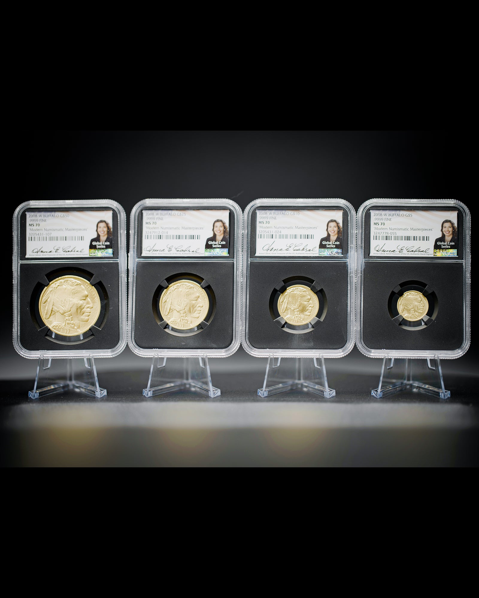 2008 W 4PC Burnished Gold Buffalo Set | NGC "Modern Numismatic Masterpieces" MS70 | Anna Cabral Autographed
