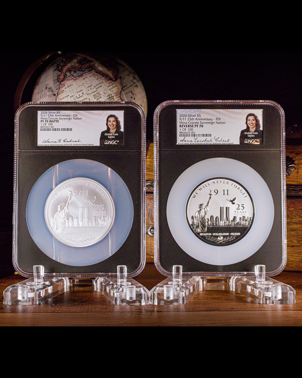 2026 5oz Silver September 11 25th Anniversary 2-Coin Set | Reverse & Matte PF70 | NGC First Day of Issue | Anna Cabral Autographed
