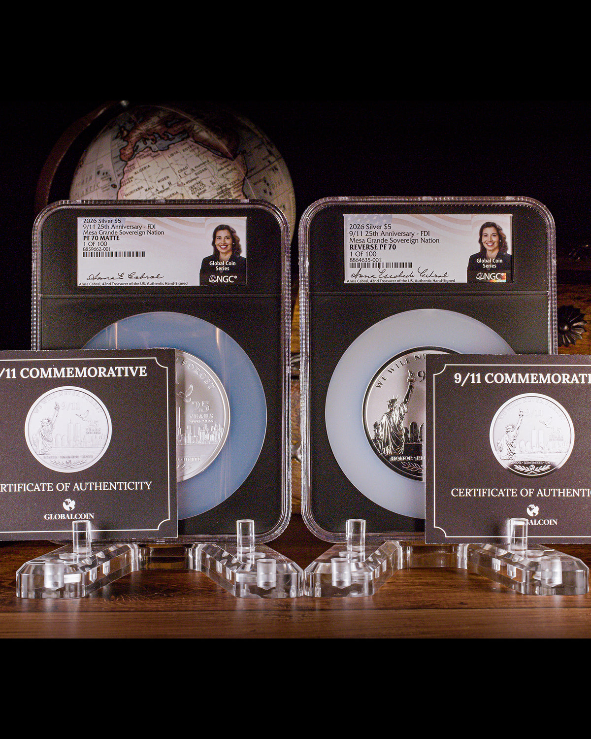 2026 5oz Silver September 11 25th Anniversary 2-Coin Set | Reverse & Matte PF70 | NGC First Day of Issue | Anna Cabral Autographed