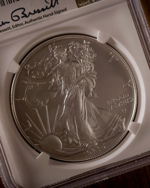 2025 W Burnished Silver Eagle | Advanced Release MS70 | Kenneth Bressett Autographed