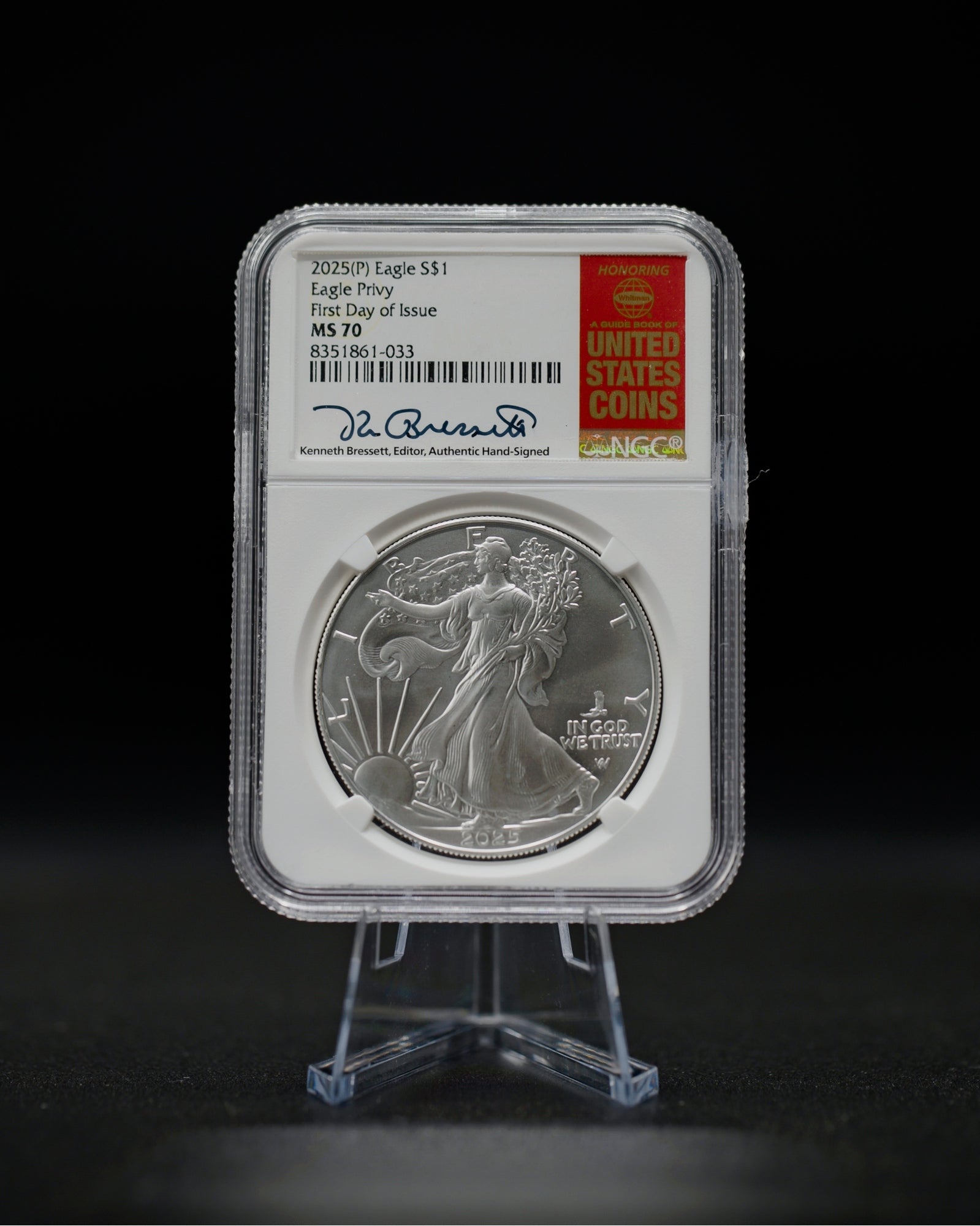 2025 (P) Silver Eagle with Eagle Privy Mark | First Day of Issue MS70 | Kenneth Bressett Autographed