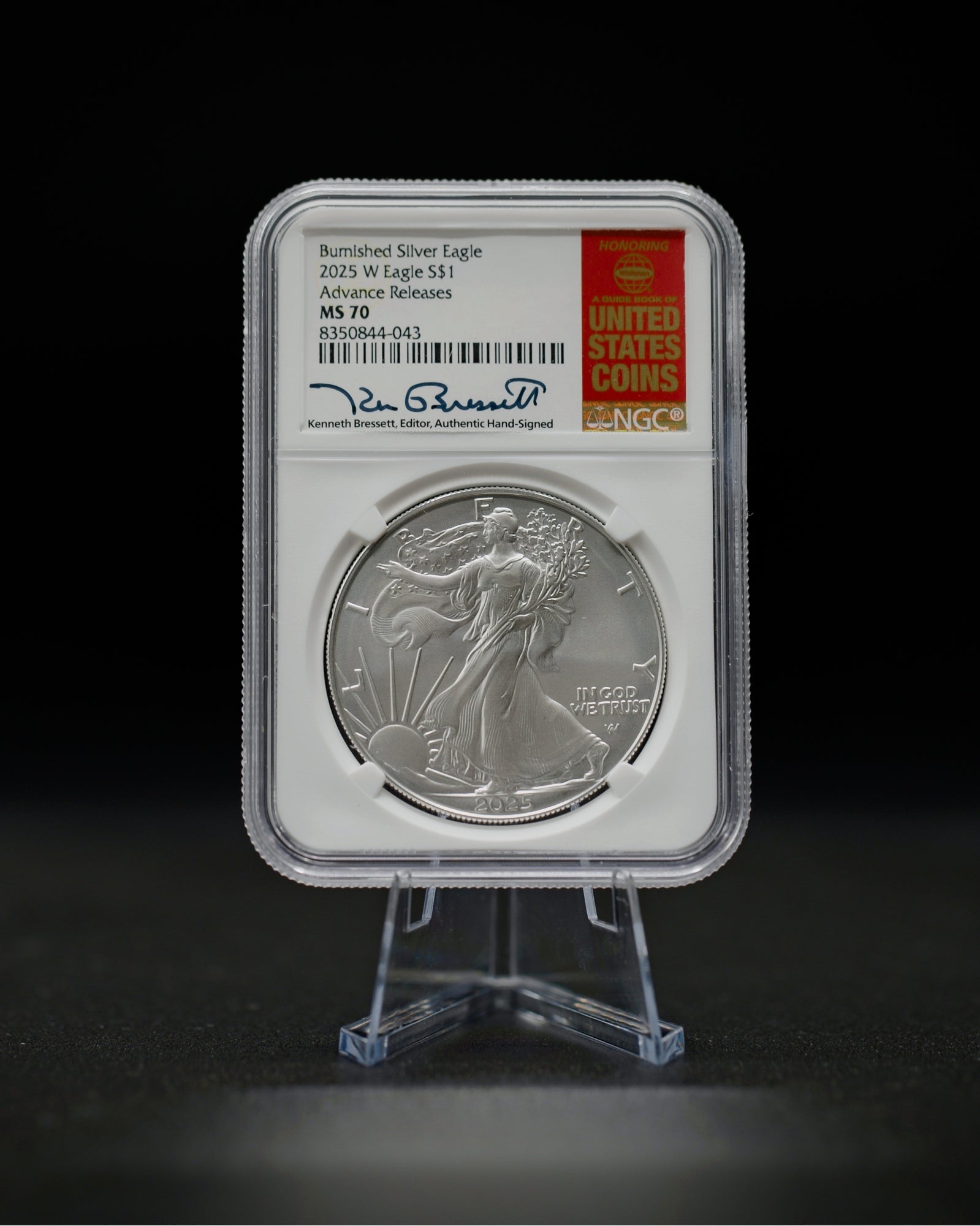 2025 W Burnished Silver Eagle | Advanced Release MS70 | Kenneth Bressett Autographed
