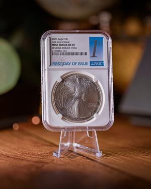 2025 Silver Eagle Error | First Day of Issue MS69 Reverse Struck Thru