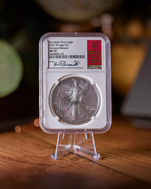 2022 W Burnished Silver Eagle | Advanced Release MS70 | Kenneth Bressett Autographed
