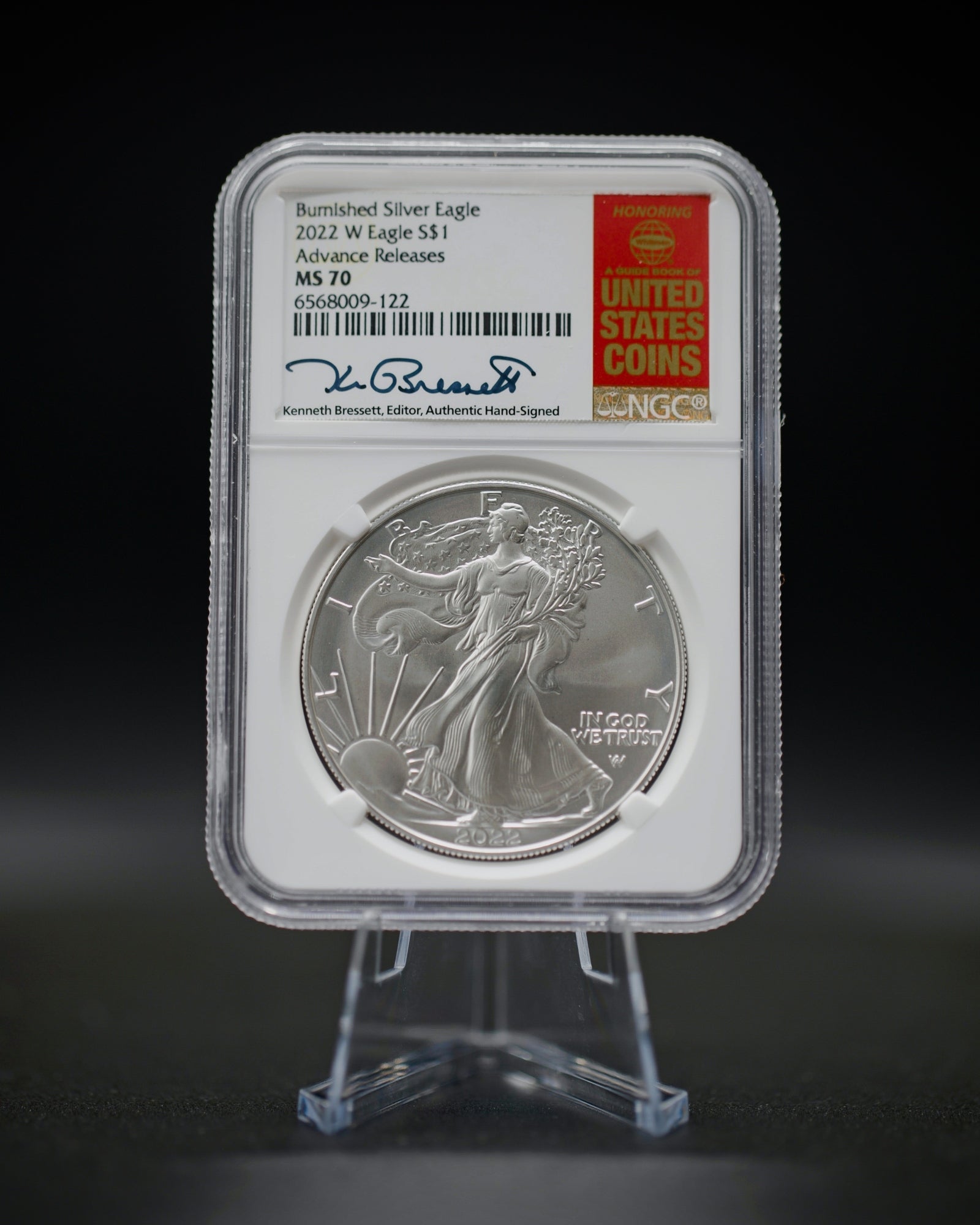 2022 W Burnished Silver Eagle | Advanced Release MS70 | Kenneth Bressett Autographed