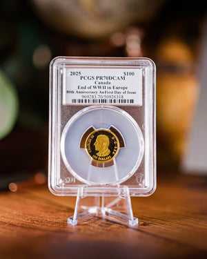 2025 $100 Gold Canada End of WWII in Europe 80th Anniversary | First Day of Issue PR70 Deep Cameo | Steven Rosati Autograph