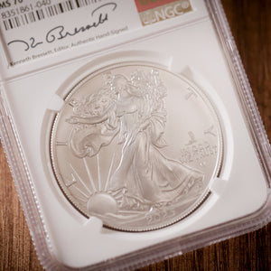 2025 (P) Silver Eagle with Eagle Privy Mark | First Day of Issue MS70 | Kenneth Bressett Autographed