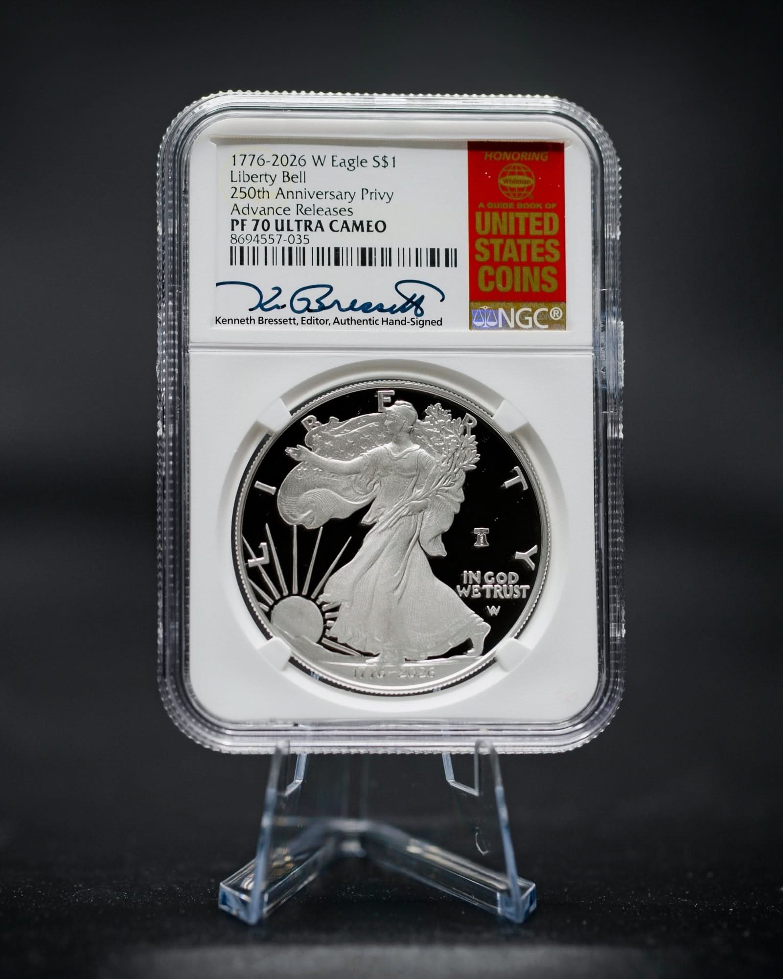 1776-2026 W Silver Eagle Liberty Bell 250th Anniversary Privy | NGC Advanced Release PF70 Ultra Cameo | Kenneth Bressett Autographed