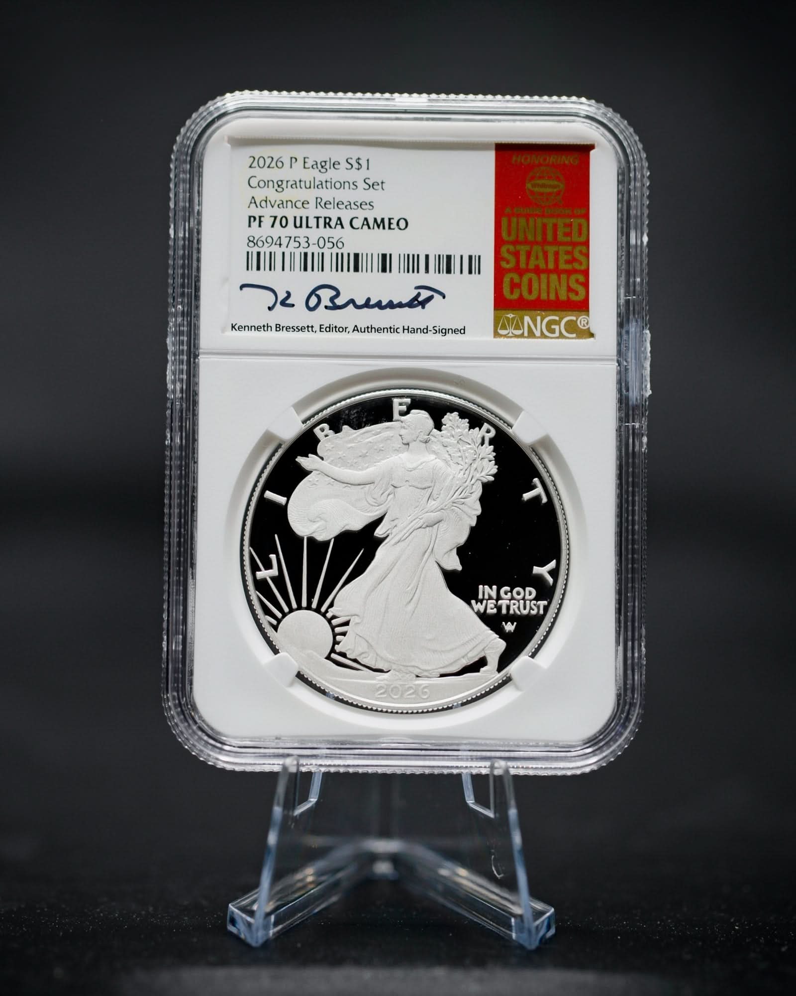 2026 “P” Silver Eagle “Congratulations Set” | NGC Advanced Releases PR70 Ultra Cameo | Kenneth Bressett Autographed