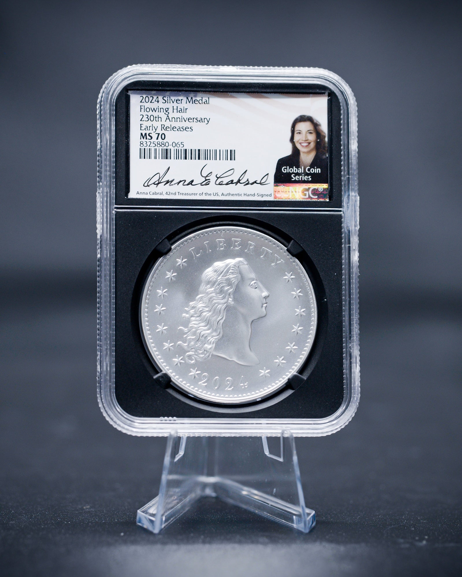 2024 1 oz Silver Flowing Hair 230th Anniversary Medal | NGC MS70 | Anna Cabral Autographed