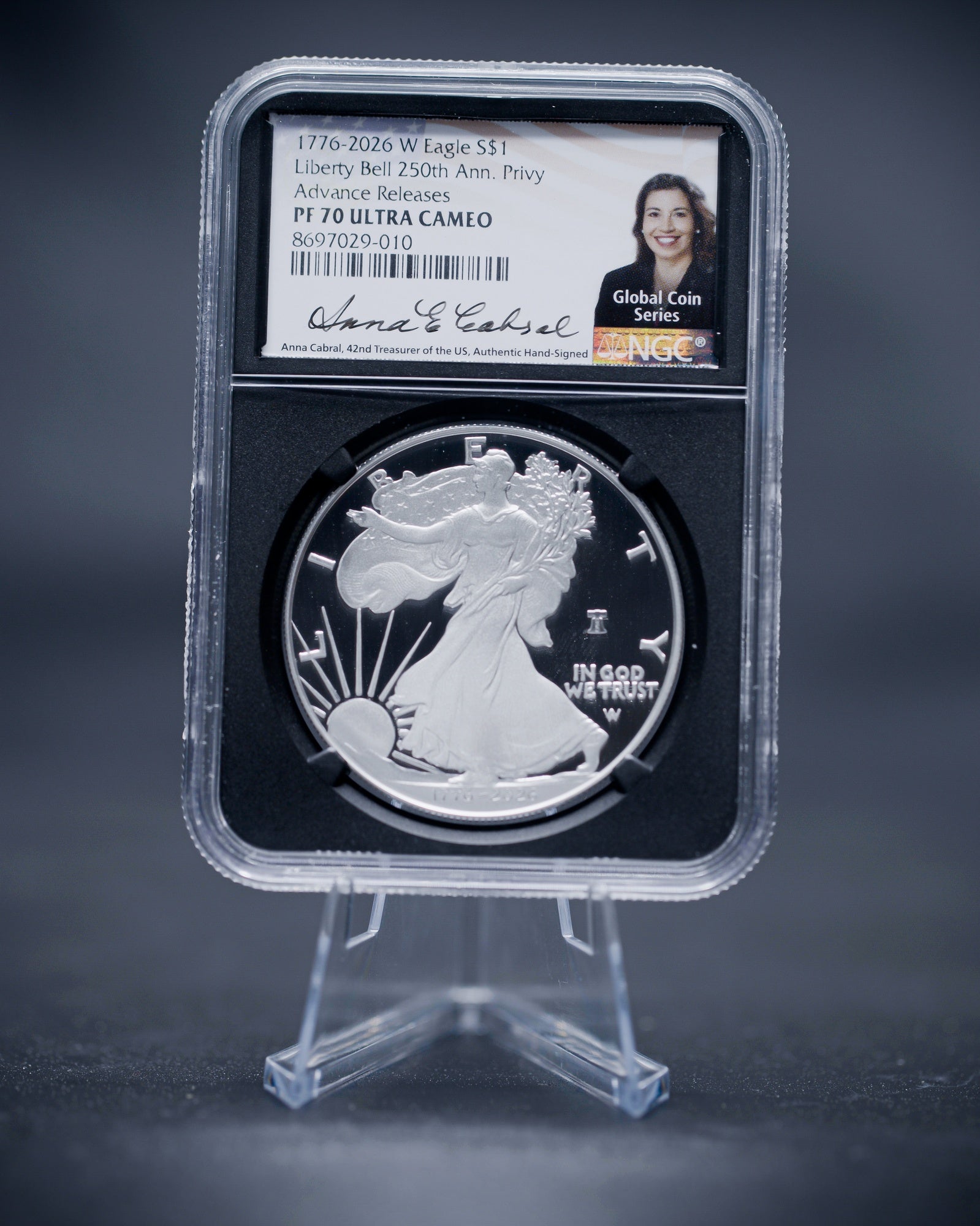 2026-W 1 oz Silver Eagle Coin Liberty Bell 250 Privy | NGC PR70 Deep Cameo Advanced Release | Anna Cabral Autographed