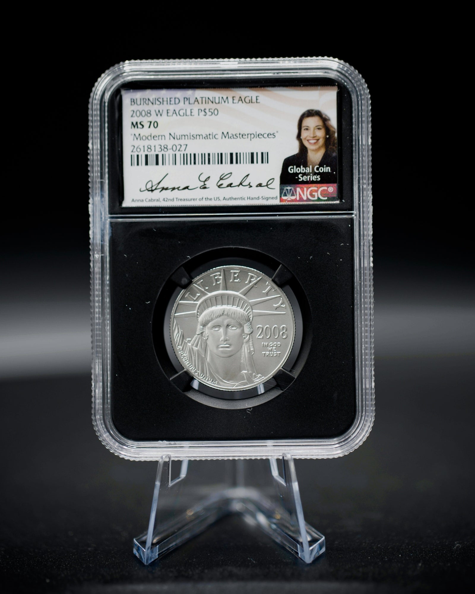 2008 "W" $50 Burnished Platinum Eagle | "Modern Numismatic Masterpieces/Cabral Auto" NGC MS70 | Anna Cabral Autographed