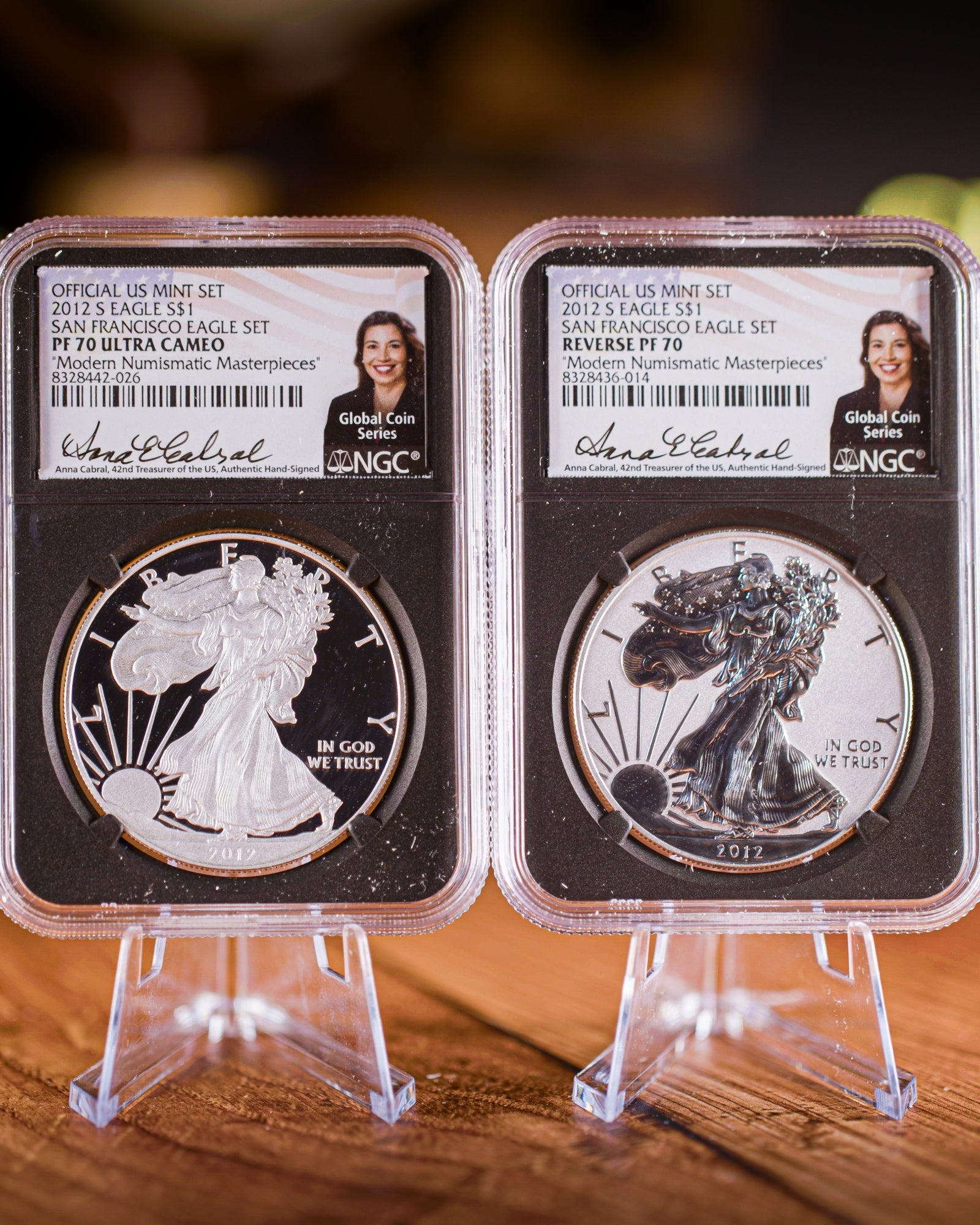 2012 "S" 75th Anniversary Silver American Eagle 2-Coin Set | NGC "Modern Numismatic Masterpieces" PF70 | Anna Cabral Autographed
