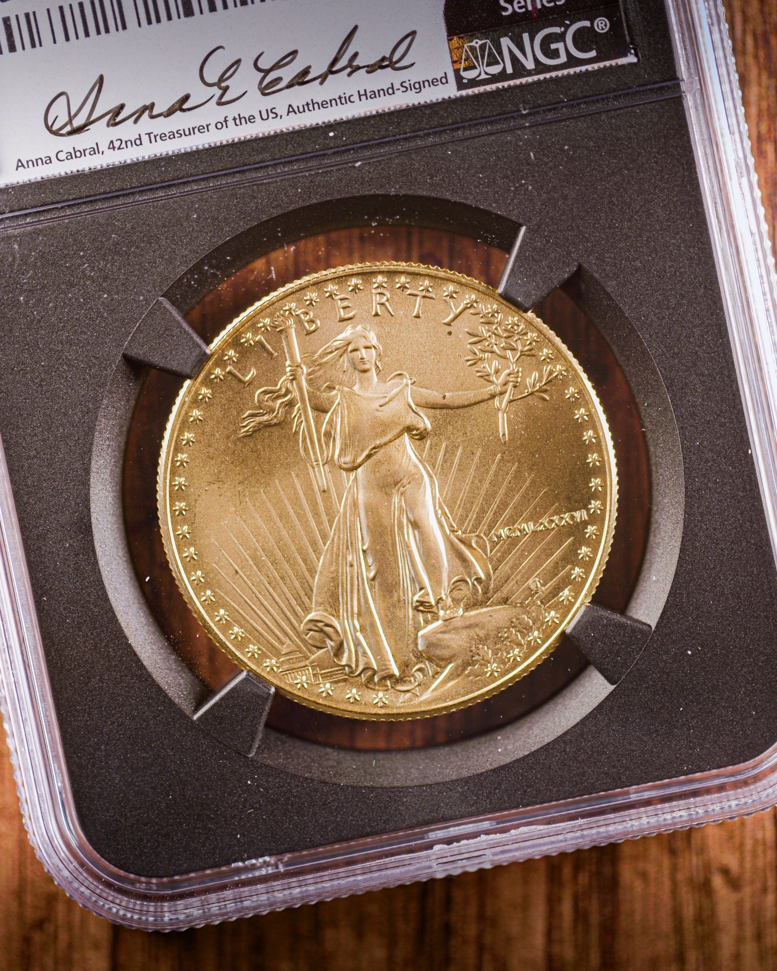 1986 $50 Gold Eagle |  NGC "Modern Numismatic Masterpieces" MS70 | Anna Cabral Autographed