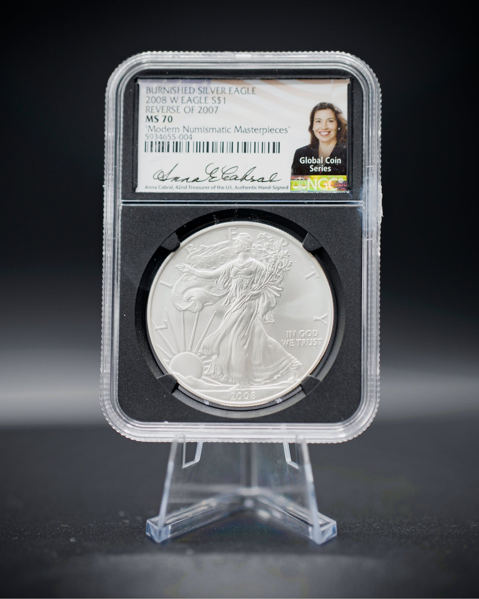 2008 W $1 Reverse 2007 Burnished Silver Eagle|  NGC "Modern Numismatic Masterpieces" MS70 | Anna Cabral Autographed