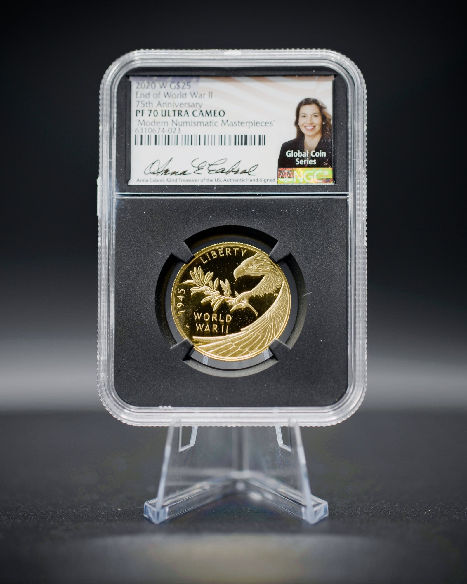 2020 $25 End of World War II Gold | NGC "Modern Numismatic Masterpieces" PF70 | Anna Cabral Autographed