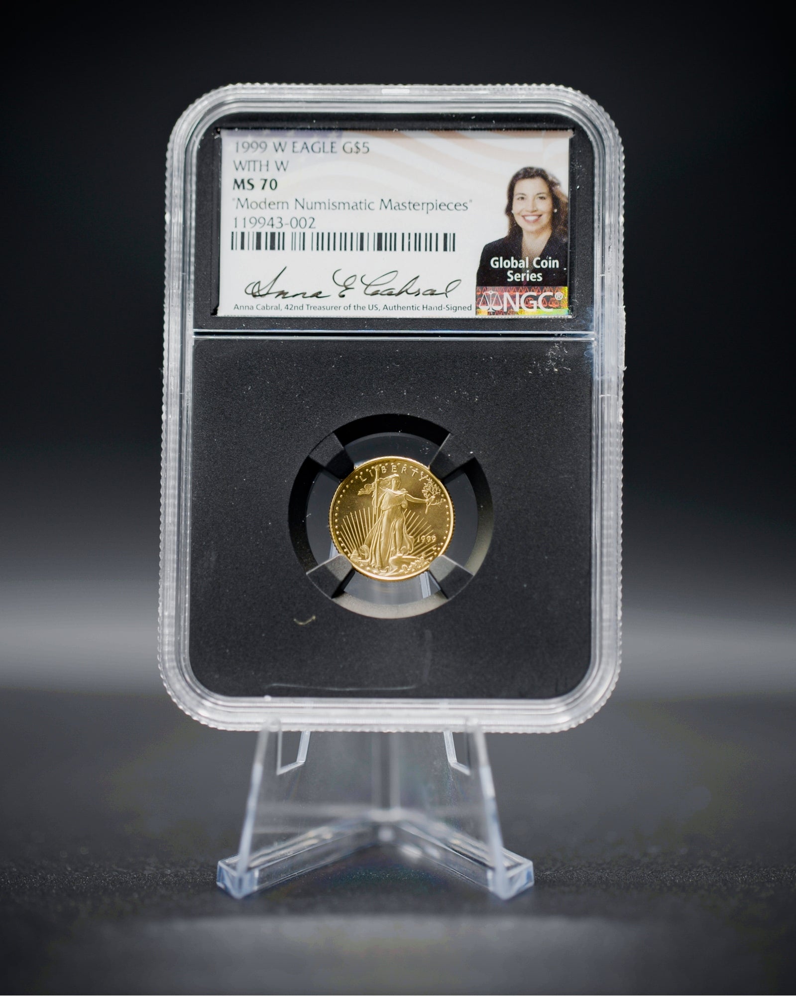 1999 "W" $5 Gold Eagle Unfinished Dies | NGC "Modern Numismatic Masterpieces" MS70 | Anna Cabral Autographed