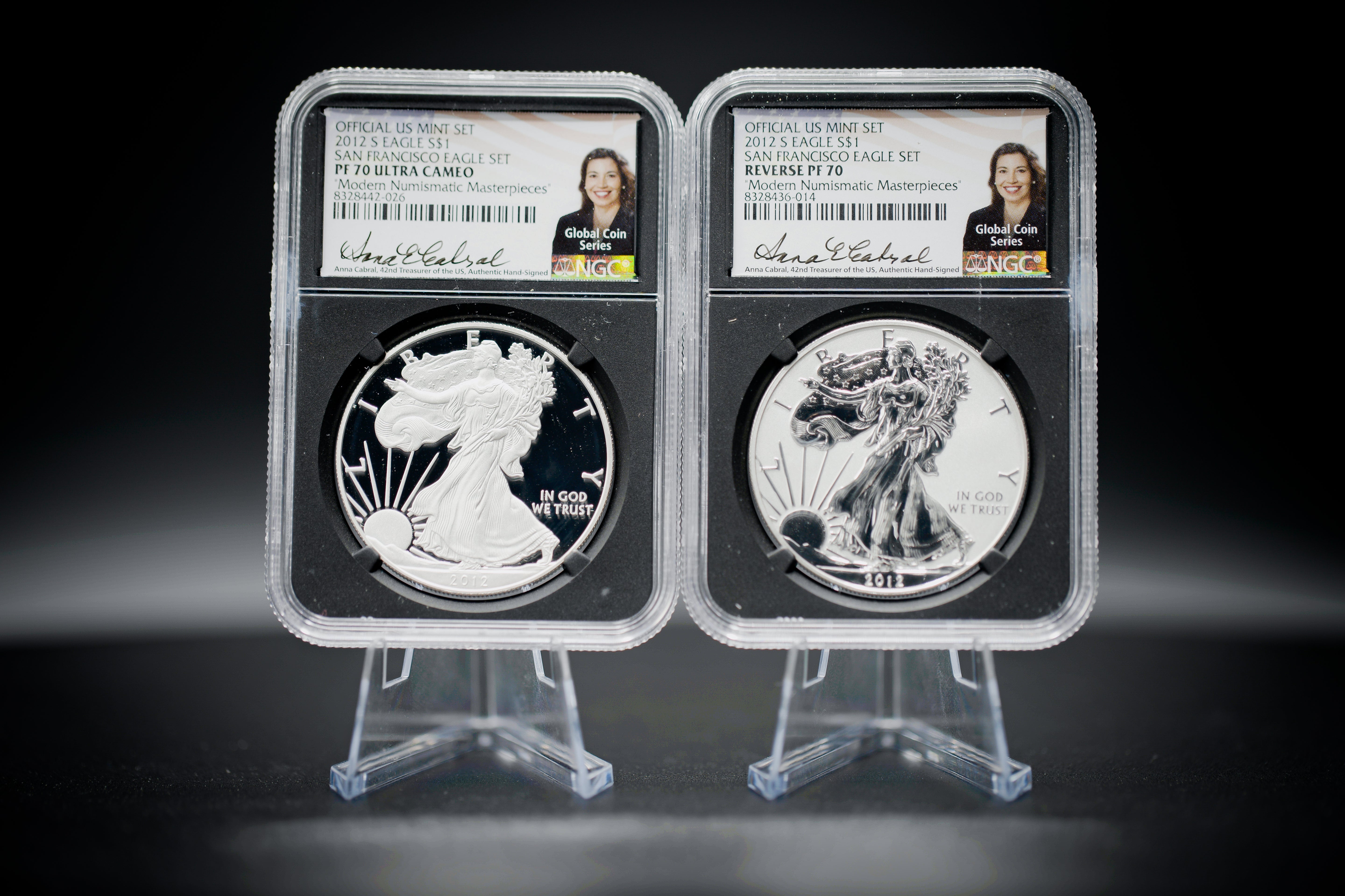 2012 "S" 75th Anniversary Silver American Eagle 2-Coin Set | NGC "Modern Numismatic Masterpieces" PF70 | Anna Cabral Autographed